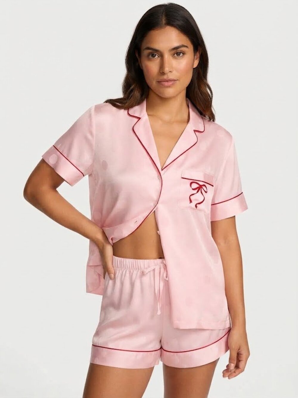 Victoria’s Secret Satin Short Pajama Set in Pink Large Polka Dot Small NWT